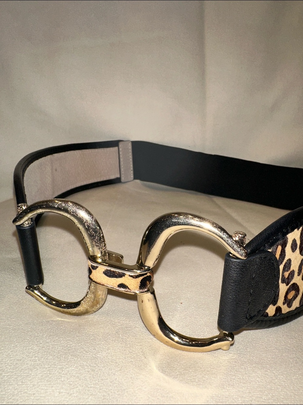 Chico's Leopard-Print Calf Leather Belt with Gold Double Ring Interlock Buckle S - Picture 8 of 9
